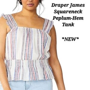 Draper James Smocked Red White Blue Metallic Striped Peplum Tank Top NEW XXL